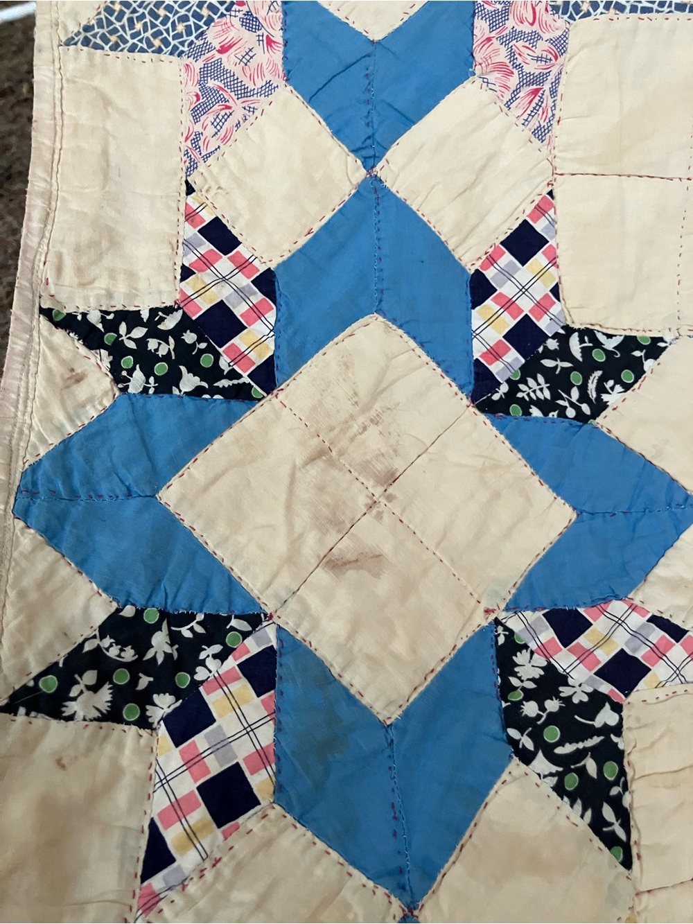 Hand stitched early 20th C patchwork star pattern twin quilt 69 x 80” vintage - Picture 12 of 16